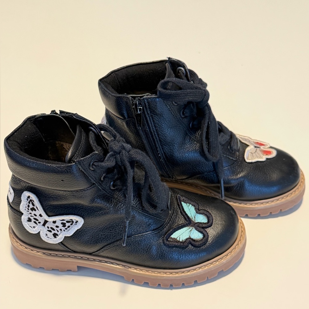 Sophia Webster Black Leather Kids Ankle Boots with Butterfly Patches EU 28